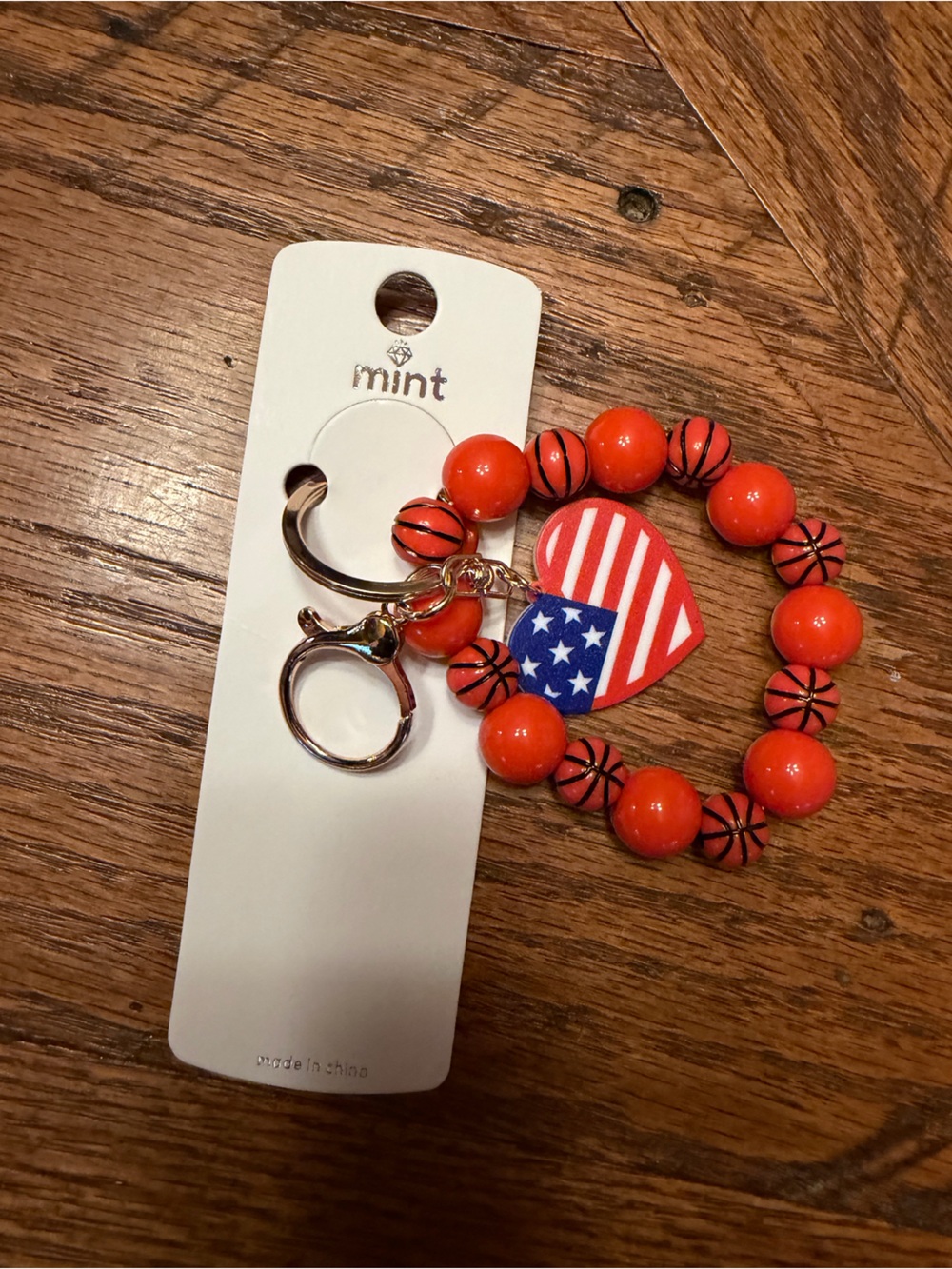 Patriotic Orange Basketball Bead wristlet Keychain Bracelet